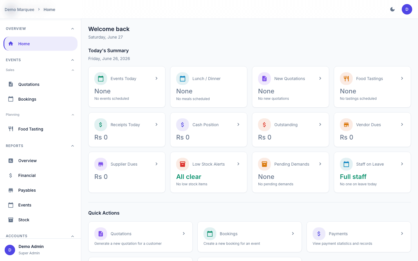 Marquee Desk home dashboard with today's summary